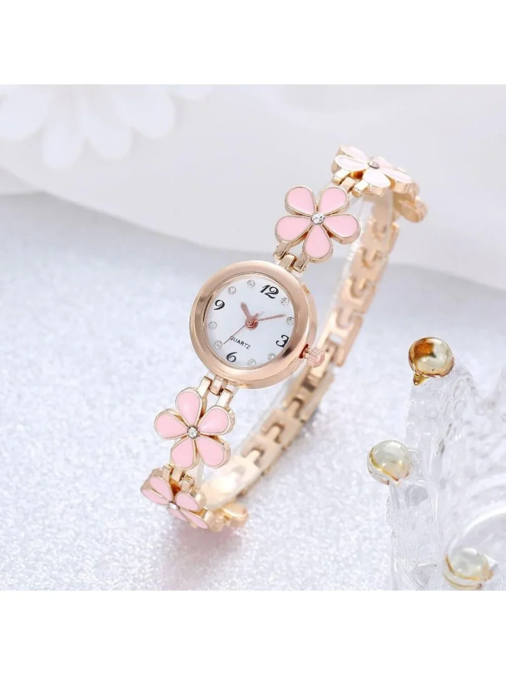 Women's Pink Analog Quartz Bracelet Set Fashion Waterproof Flower Shaped Watch